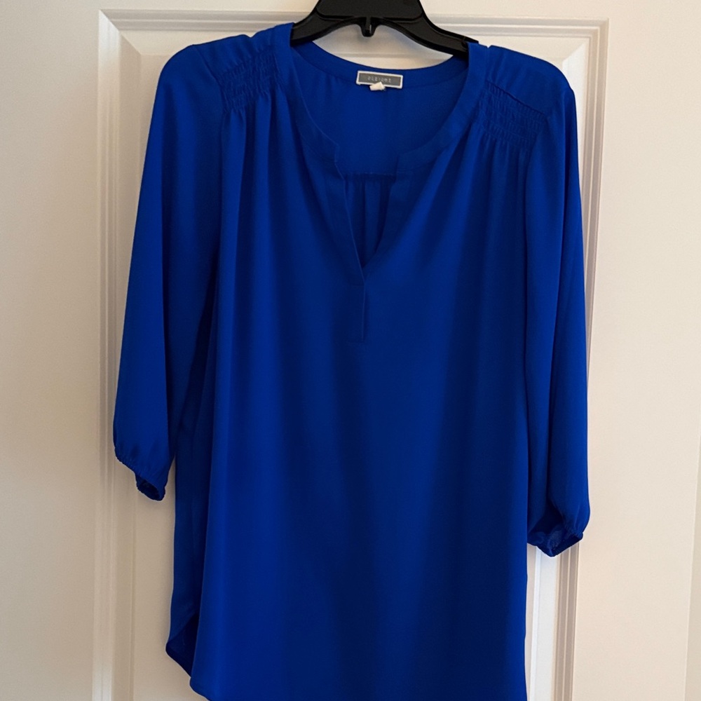 Pleione Cobalt Blue Split-Neck Blouse with Gathered Shoulders